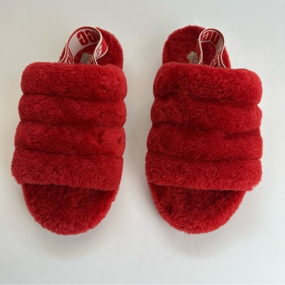 Ugg Fluff Yeah Slides Women’s 7 EU 38 Slippers Shoes Red Logo Platform Fuzzy - Picture 7 of 10